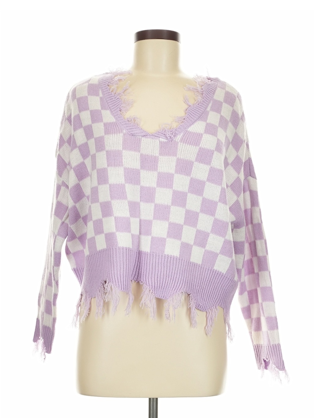 NWT Just Polly Lavender Checkered Distressed V-Neck Sweater M